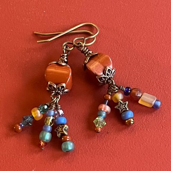 Red Jasper and Multicolor Boho Earrings, Colorful Beads Dangles, Wire Wrapped Ge - Picture 4 of 7